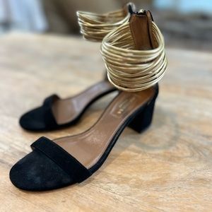 Aquazurra Black Suede Sandals with Gold Leather “Bangle” Straps Size 5